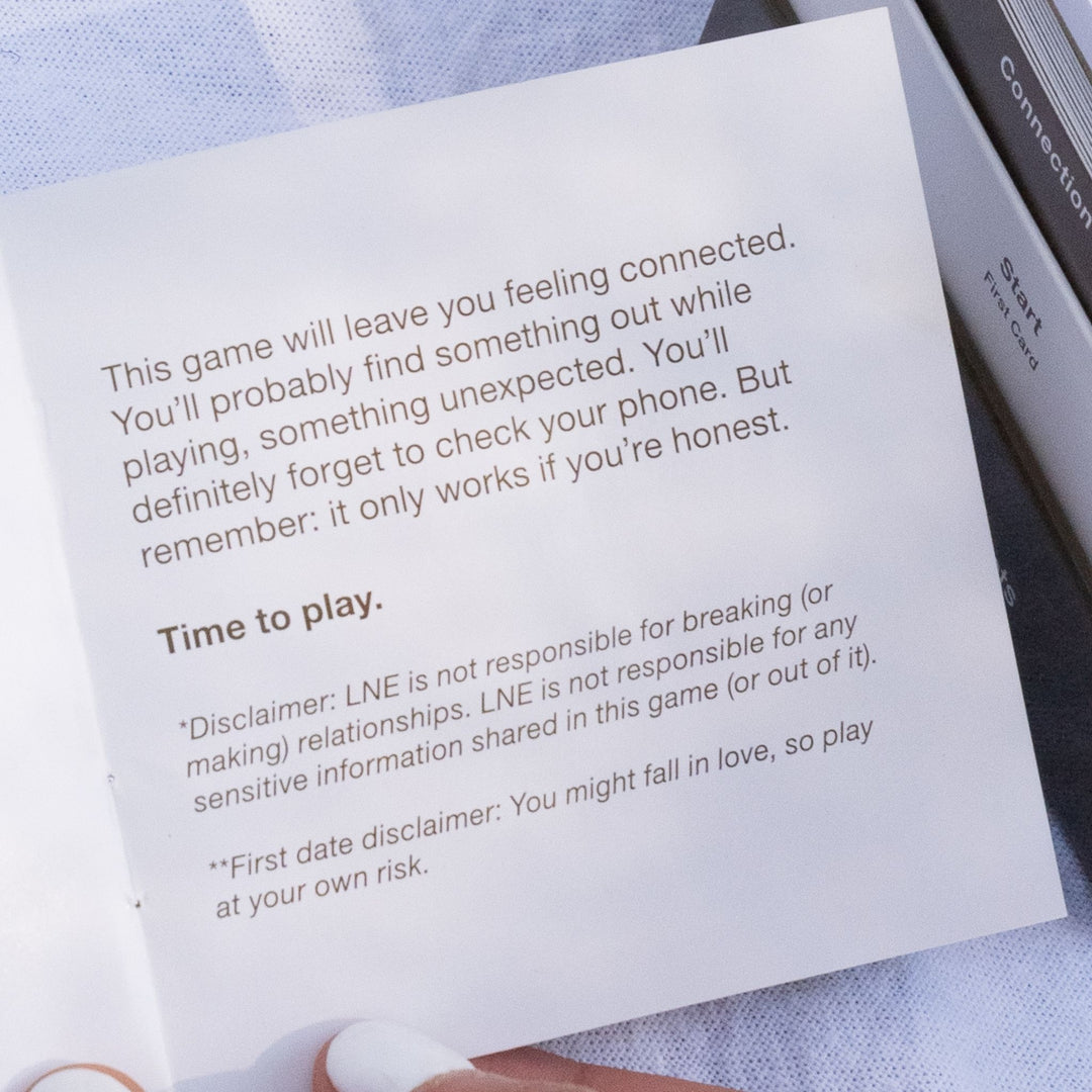 Instructions from the Late Night Epiphanies card game, explaining how to play, with a message about connection, honesty, and a playful disclaimer about falling in love.