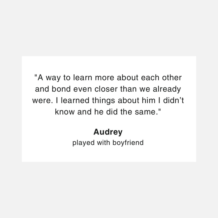 Positive testimonial and Review for Late Night Epiphanies card game from Audrey who played with her boyfriend, sharing how the game deepened their bond.