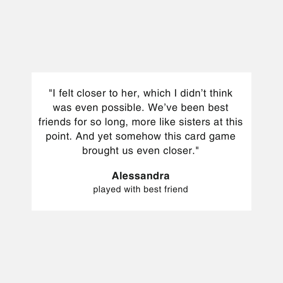 Testimonial and positive review about the Late Night Epiphanies Card game from a player who played the game with her best friend.