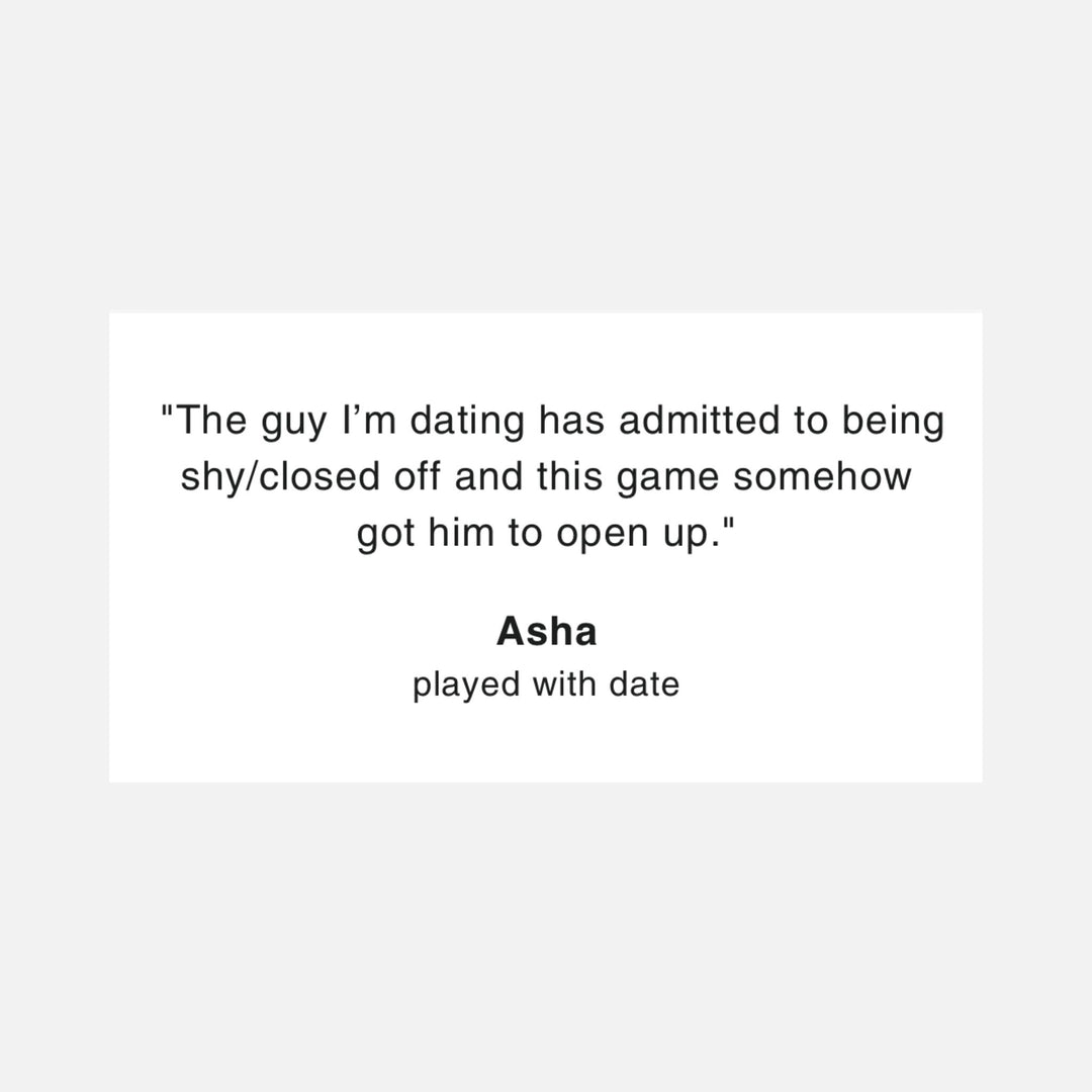 A positive testimonial and review about the Late Night Epiphanies card game from Asha who played the game on a date.
