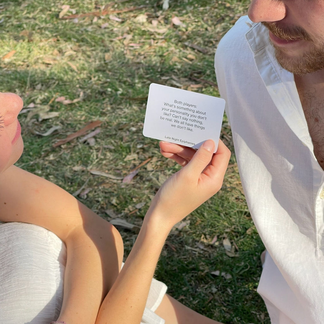 A Level 2 question from the Late Night Epiphanies Card game where a couple is asking each other.