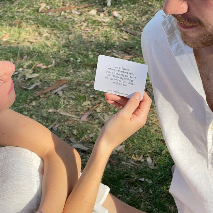 A Level 2 question from the Late Night Epiphanies Card game where a couple is asking each other.