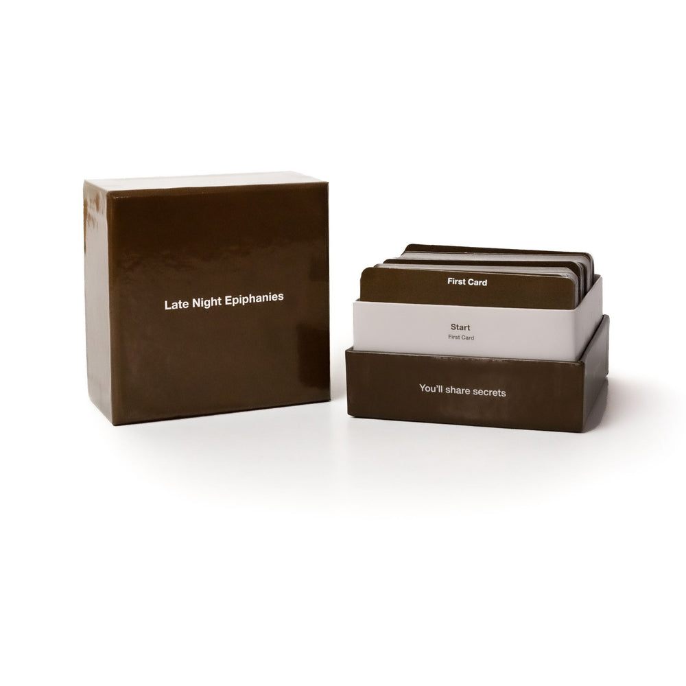  Late Night Epiphanies card game with open box showing First Card, Start, and You'll share secrets.